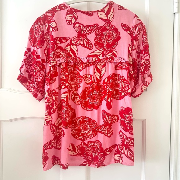 Anthropologie Vineet Bahl Pink Red Hawaiian Print, Embroidered Sleeve Top, XSP - Picture 5 of 5
